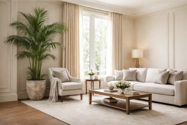 tall living room plants kentia palm formal living room Styled to Glow the tall living room plants kentia palm formal living room