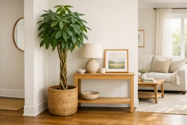 tall living room plants money tree entry corner Styled to Glow the tall living room plants money tree entry corner