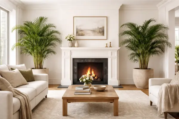 tall living room plants palms fireplace framing Styled to Glow the tall living room plants palms fireplace framing
