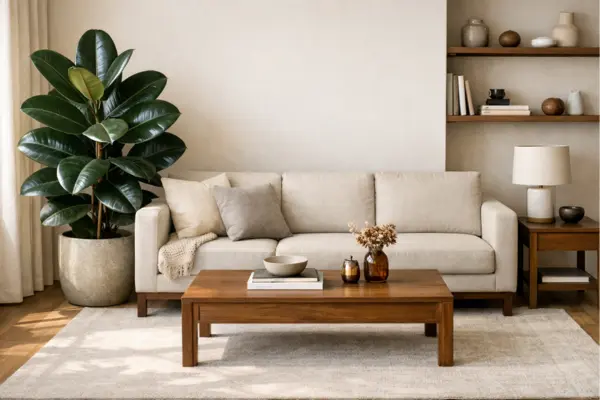 tall living room plants rubber plant beside sofa Styled to Glow the tall living room plants rubber plant beside sofa