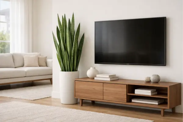 tall living room plants snake plant media unit Styled to Glow the tall living room plants snake plant media unit