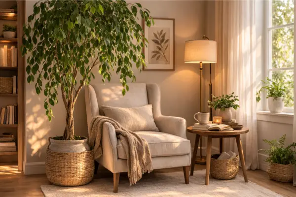 tall living room plants weeping fig reading corner Styled to Glow the tall living room plants weeping fig reading corner