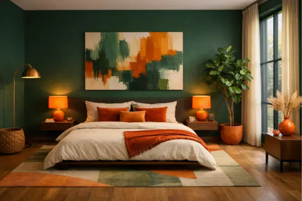 the terracotta accent wall green bedding bedroom