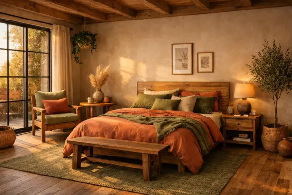 the terracotta olive bedding wood accents bedroom