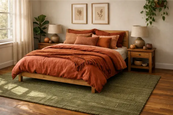 the terracotta textiles olive green rug bedroom