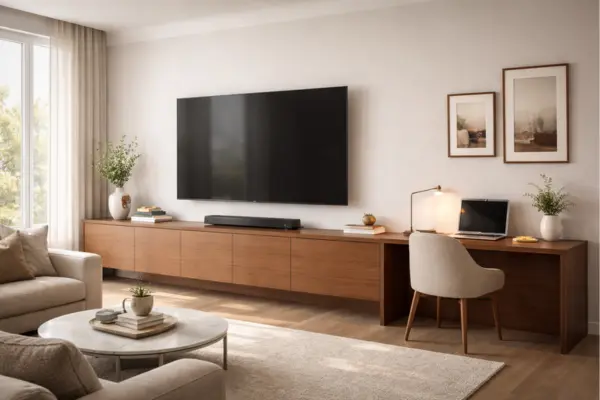 tv console desk combo living room Styled to Glow the tv console desk combo living room