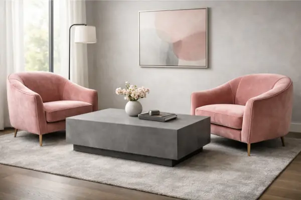 the velvet pink armchairs grey coffee table