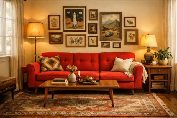the vintage red couch living room decor