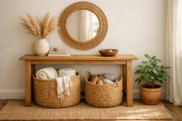 woven baskets under the entryway table Styled to Glow the woven baskets under the entryway table